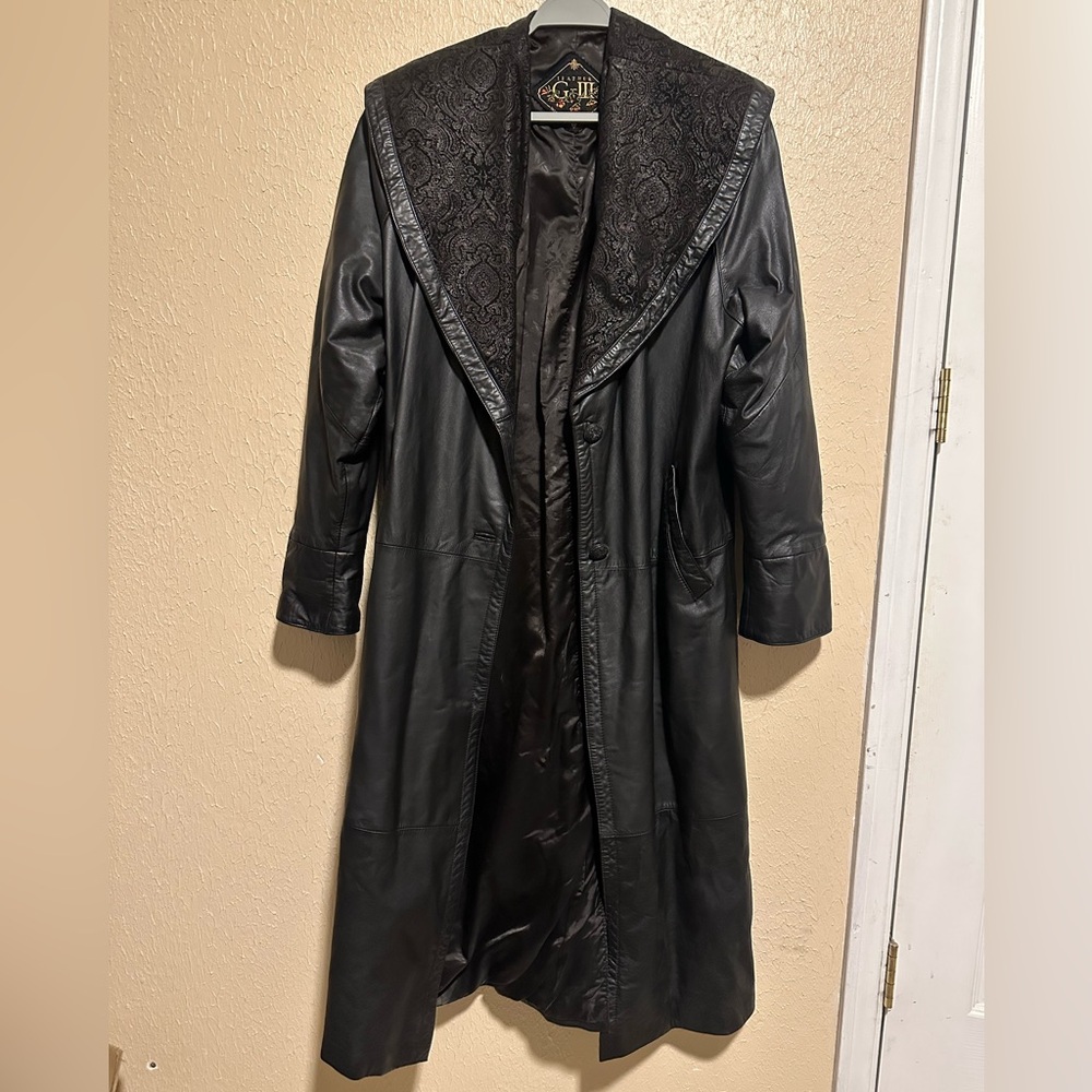 Vintage G-III Long Black Leather Trench Coat Jacket‎  Size Medium